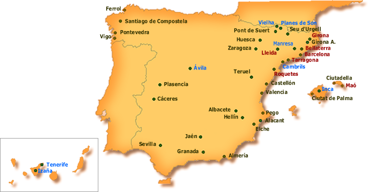 Mapa de España con las localidades estudiadas